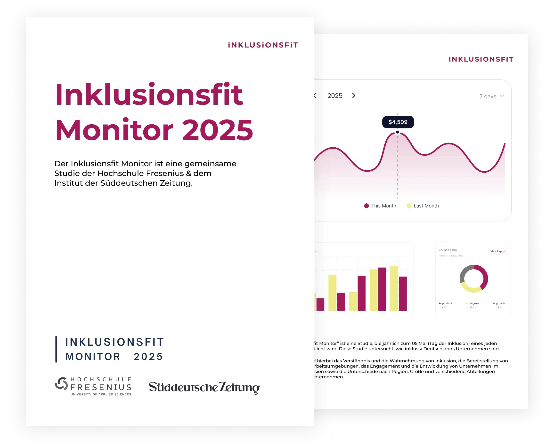 Titelseite des Inklusionsfit Monitors 2025 mit Beschreibung und Datenvisualisierungen.