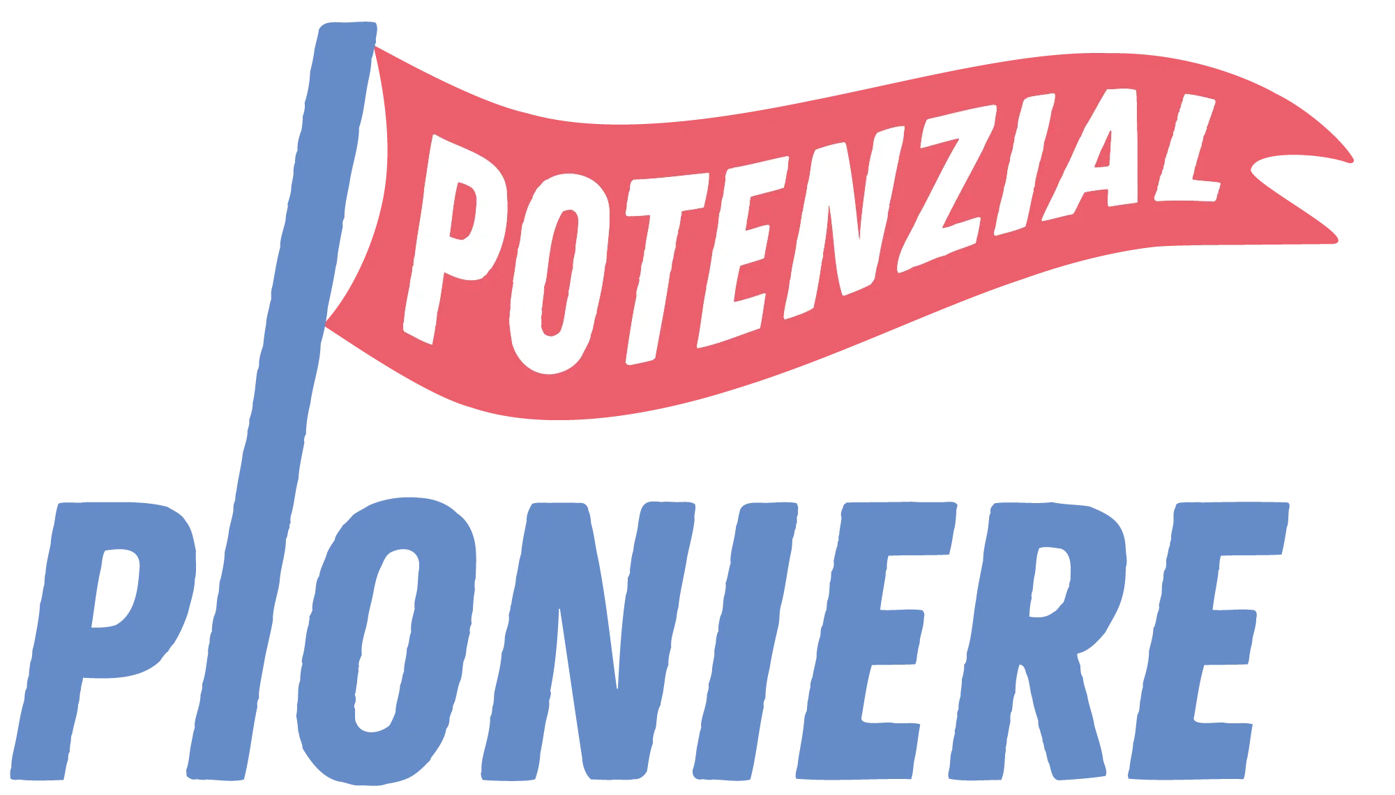 Logo von Potenzial Pioniere mit rotem Banner und blauer Schrift.