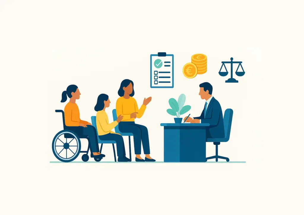 Illustration eines Beratungsgesprächs zwischen einem Arbeitgeber und drei Frauen, darunter eine im Rollstuhl, zu gesetzlichen Pflichten und Ausgleichsabgabe.