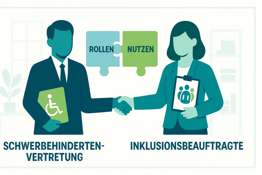 Illustration einer Schwerbehindertenvertretung und einer Inklusionsbeauftragten, die sich zur Zusammenarbeit die Hand geben.