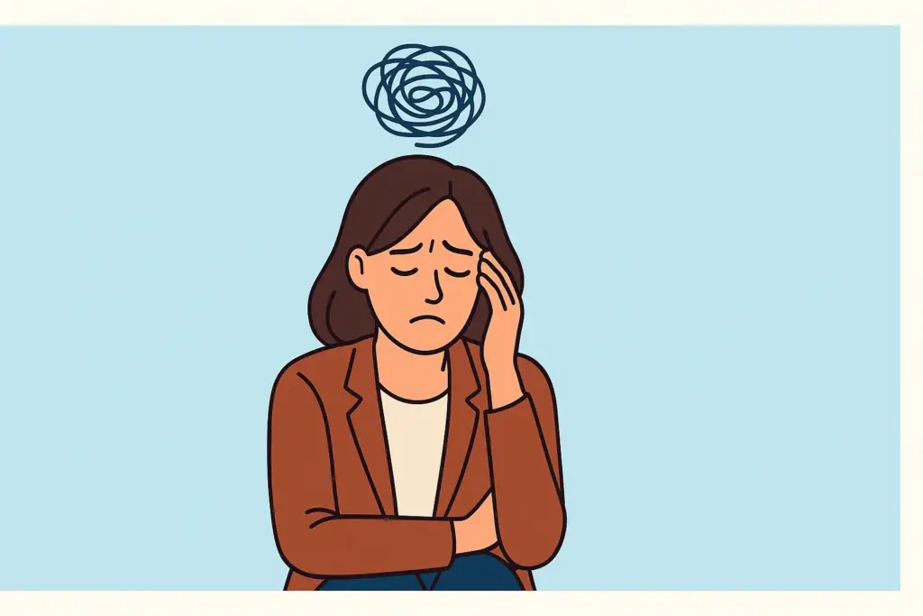 Frau mit Stress oder Sorgen, Hand an der Stirn, gezeichnet