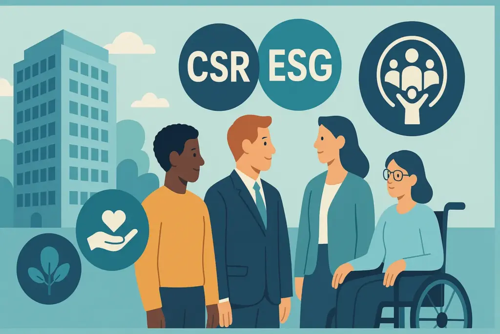 Illustration von diversen Menschen vor CSR- und ESG-Symbolen