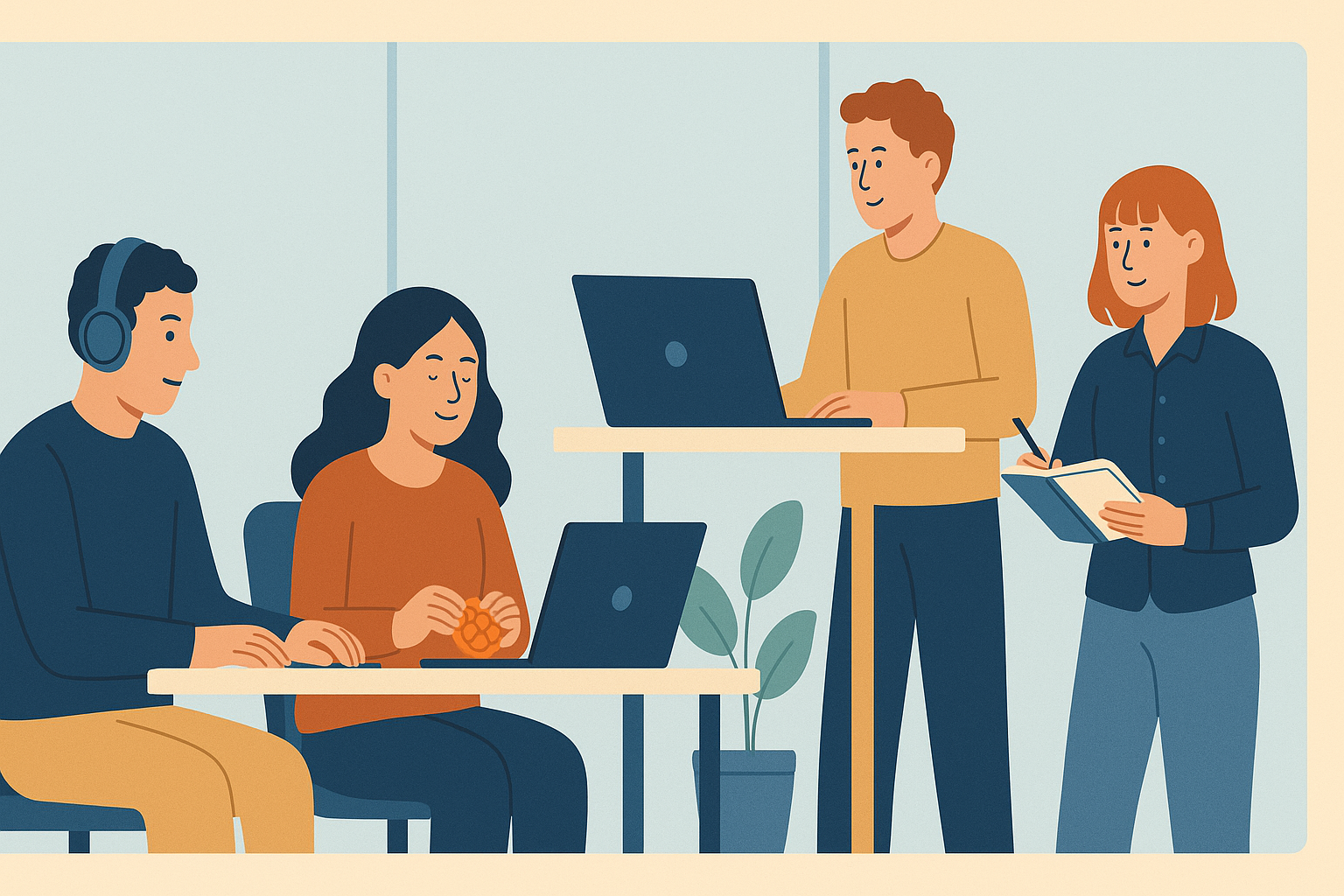 Illustration von vier Kolleg:innen bei der Zusammenarbeit im Büro