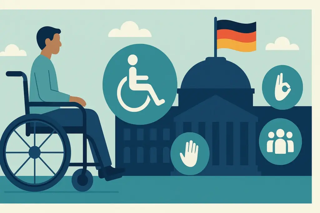 Mann im Rollstuhl vor deutschem Regierungsgebäude mit Symbolen für Inklusion und Barrierefreiheit